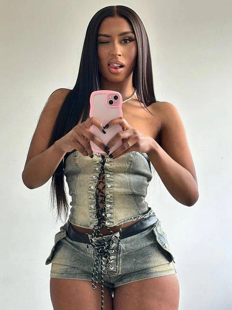 DENIM ฤดูร้อน 2 ชิ้นชุดผู้หญิงหนังขอบ VINTAGE Y2K Shirring เสื้อไม่มีสายหนัง + กางเกงขาสั้น Hipster ฤดูร้อนการจับคู่ชุด