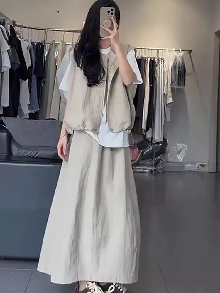 

plus Size Women's Tee-Piece Set with Hoodie Skirt And Tank Top Summer Loose A-Line Skirt Svel High Waist Pure Color