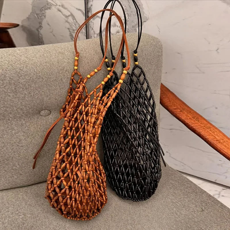 Women Woven Hand Bag Summer Design Hollow-out Wooden Bead Tote Bucket Shoulder Bag Female Reticulate Netted Canvas Beach Handbag