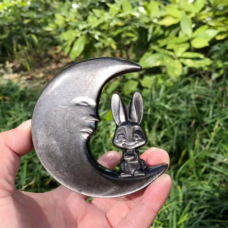 Natural Silver Obsidian Rabbit With Moon Carving Figurine Ornament Healing Craft Home Decor Stone Holiday Gift 1PCS