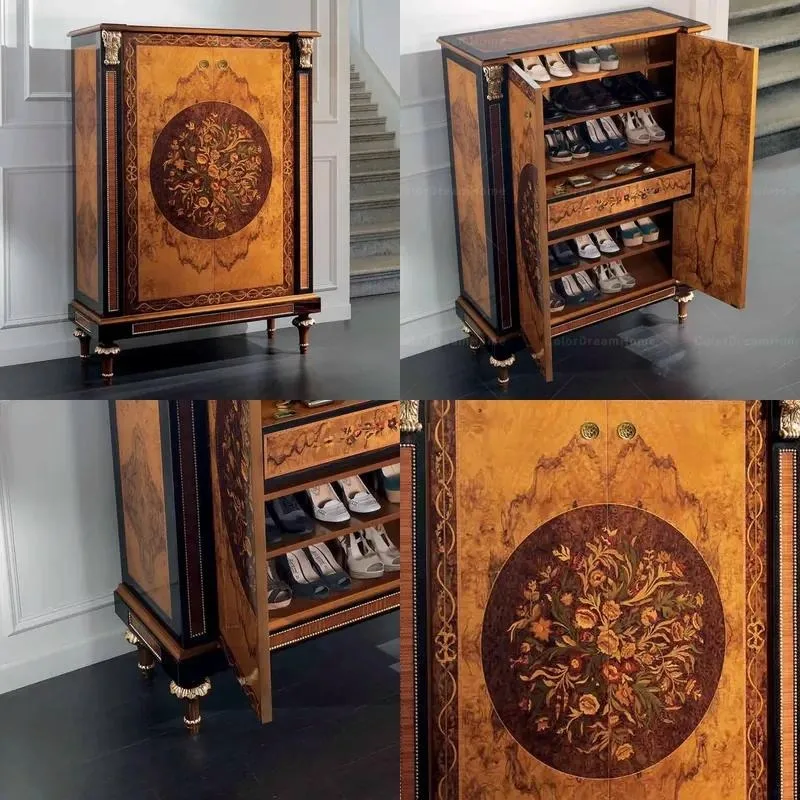 Neoclassical Solid Wood Shoe Cabinet with Drawers Gold Paint Carved Locker for Villa Entrance