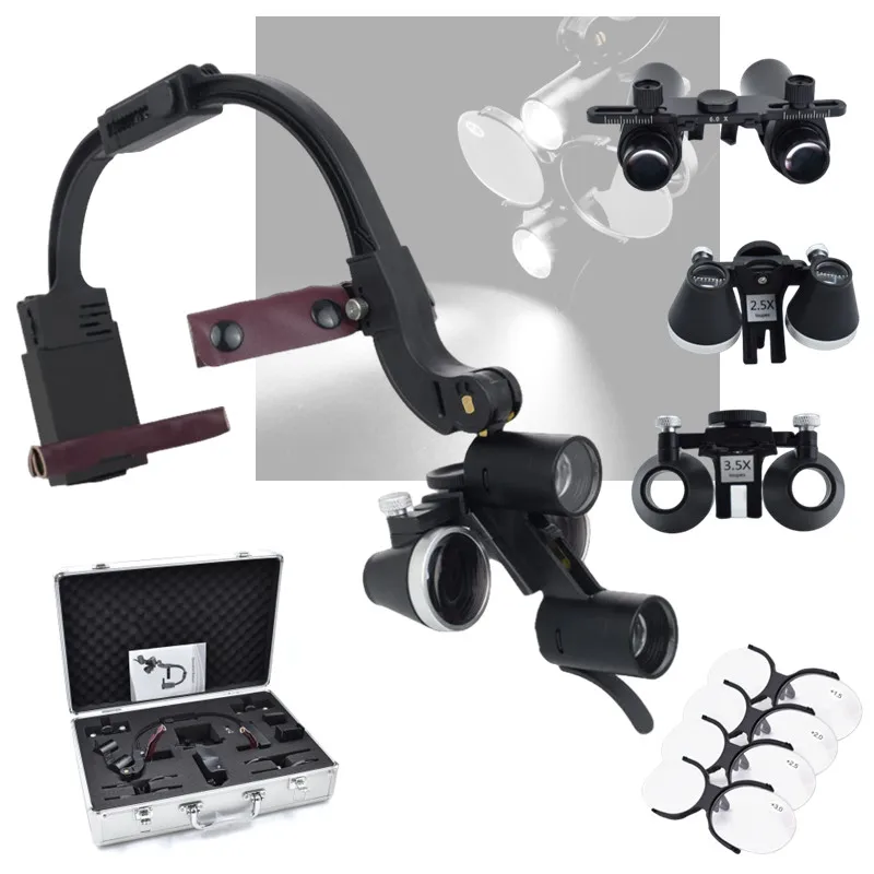 6X den tal Loupes 2.5X 3.5X Binocular Magnifying Glass With 5W LED Headband Lamp Headlight Dentisit Tools den tal den tistry