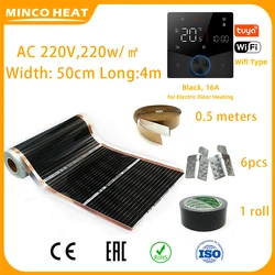 Minco Heat 적외선 바닥 난방 필름, 와이파이 온도조절기 클램프 및 절연 페이스트 포함, 2 평방 미터, AC 220V, 220W