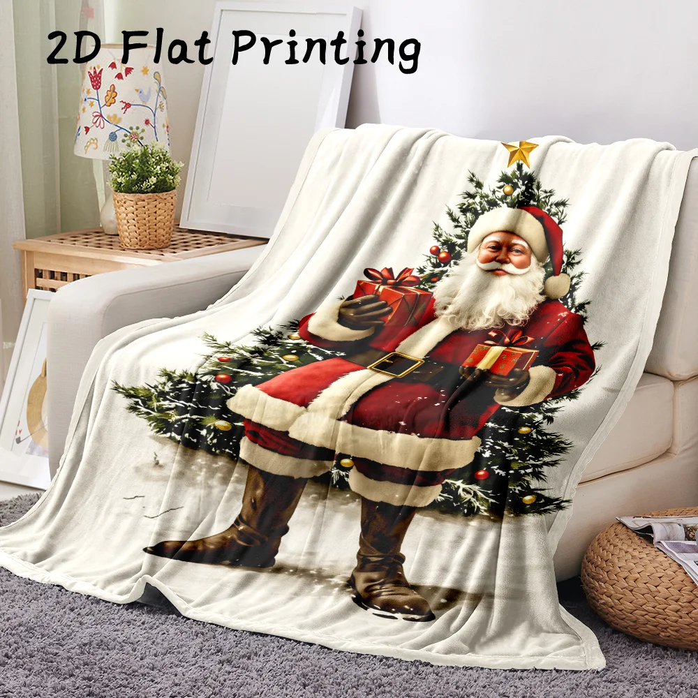 1PC 2D Flat Print Santa Flannel Blanket, Super Soft — Christmas Decoration, Holiday Parties, Everyday Use and Gift Giving