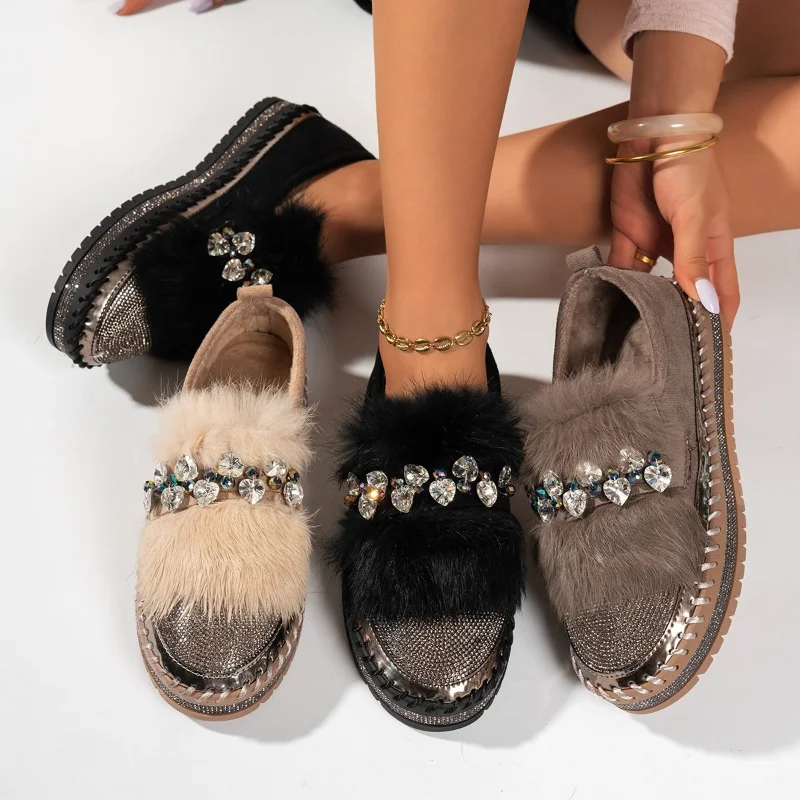 Winter Warm Fleece Lined Women's Sneakers Comfort Thick Sole Loafers 2026 New Rhinestone Decor Casual Women Shoes Tenis De Mujer