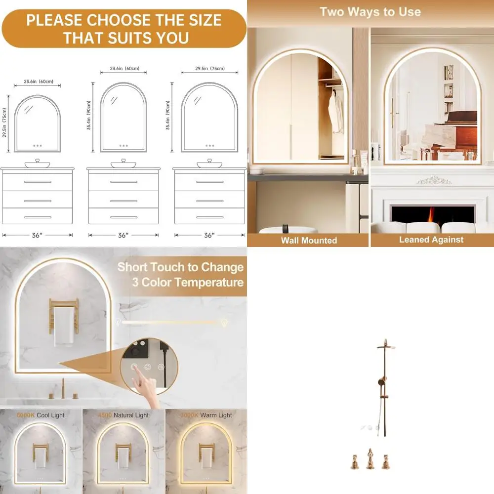 مرآة حمام LED بدون ضباب مقاس 30 × 36 مع إضاءة ذهبية برتقالية، قابلة للتعتيم، 3 خيارات ألوان، تحكم باللمس، مقاومة للكسر #1
