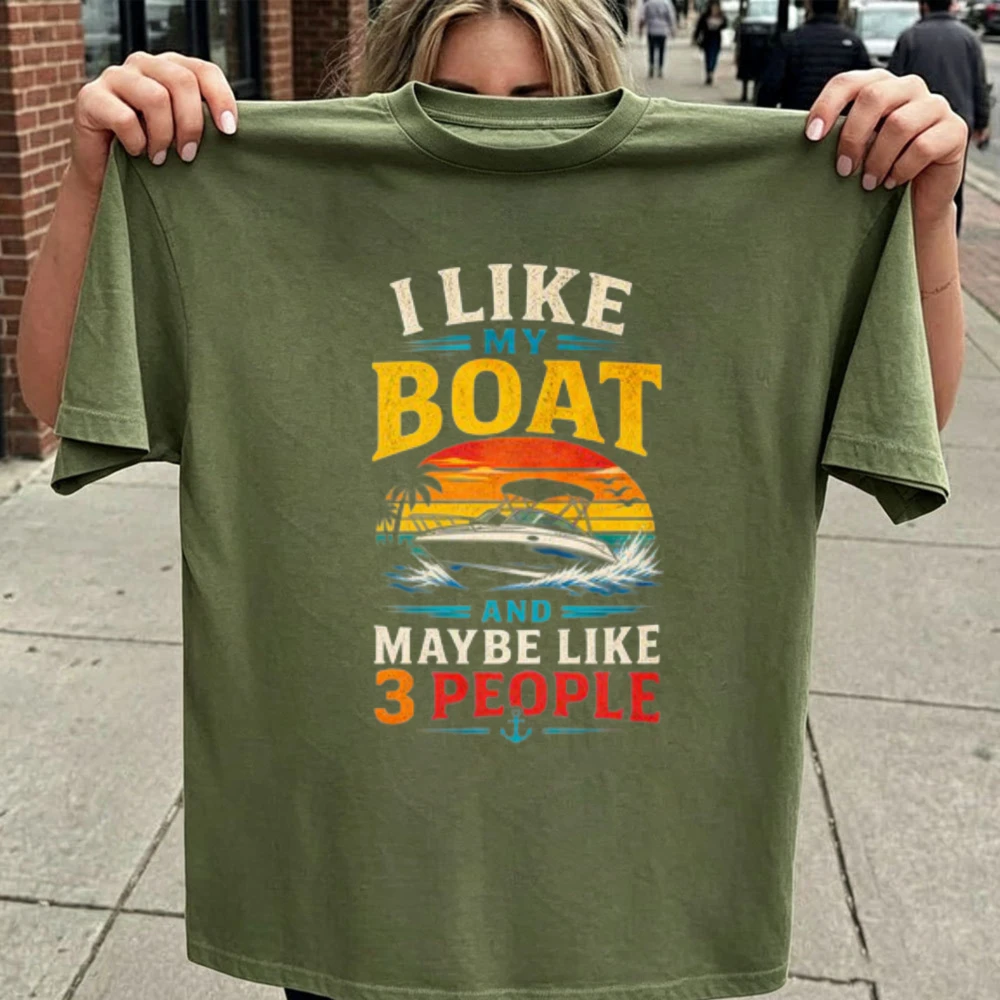 I Like My Boat and Maybe Like 3 People Graphic Cotton T‑Shirt Retro Sunset Boat Anchor Print Funny Boating Humor Casual Tops