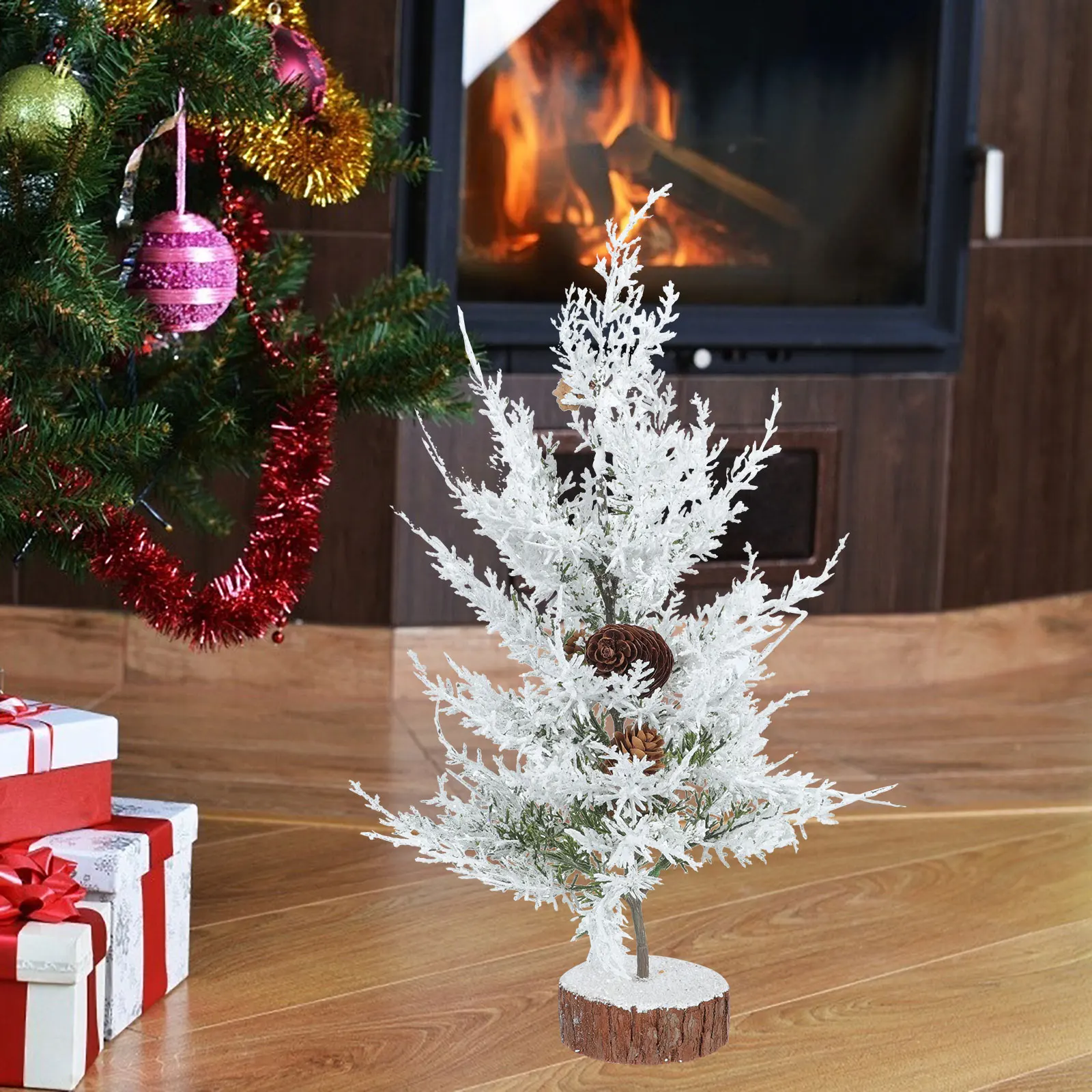 

Decor Christmas Tree Ornaments Faux Holiday Decorations Wooden White Plastic Mini Snow Frost Trees Artificial