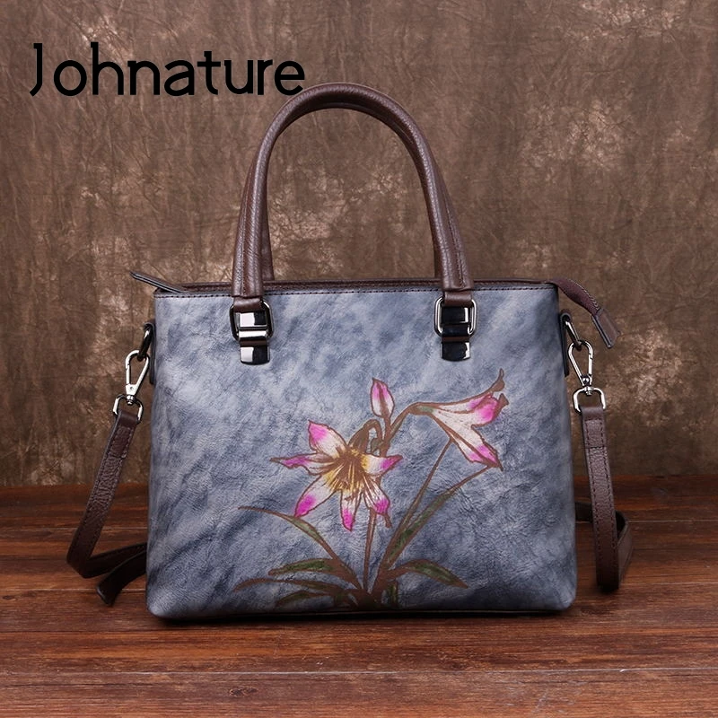 Johnature Retro Woman's Handbag 2024 New Hand Painted Genuine Leather Women Shoulder Bags Leisure Floral Cowhide Messenger Bag