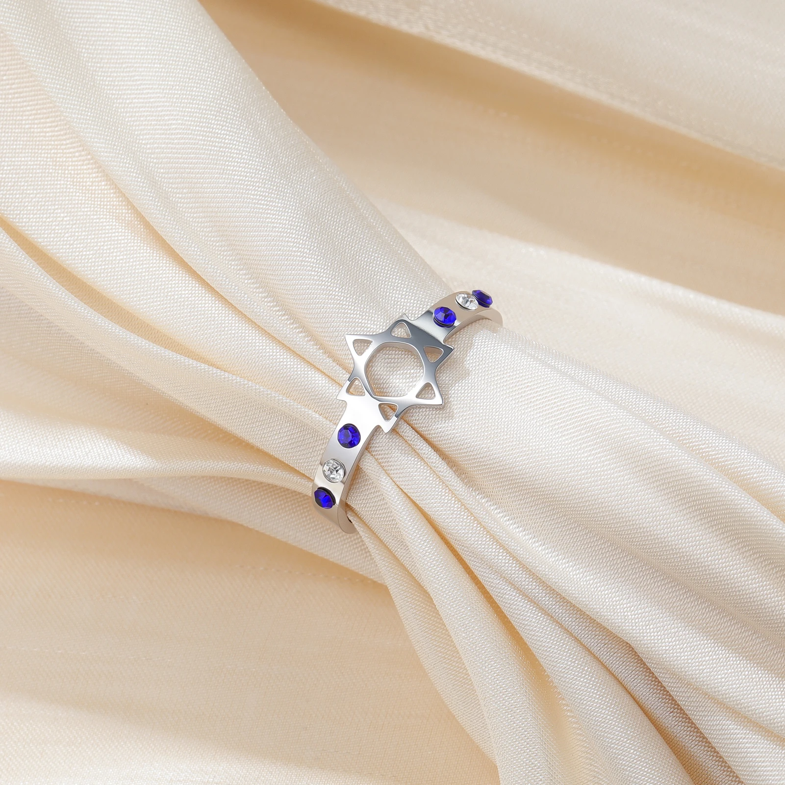 Star of David Open Ring For Women Zircon Inlaid Stainless Steel Adjustable Finger Ring Jewish Symbol Faith Jewelry Gift