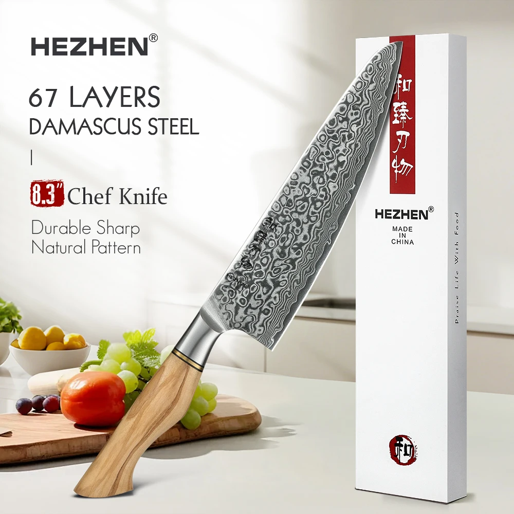 HEZHEN 8.3 Inch Chef Knife Real 67 Layer Damascus Steel Super Cook Knife Olive Wood Handle Sharp Kitchen Tools