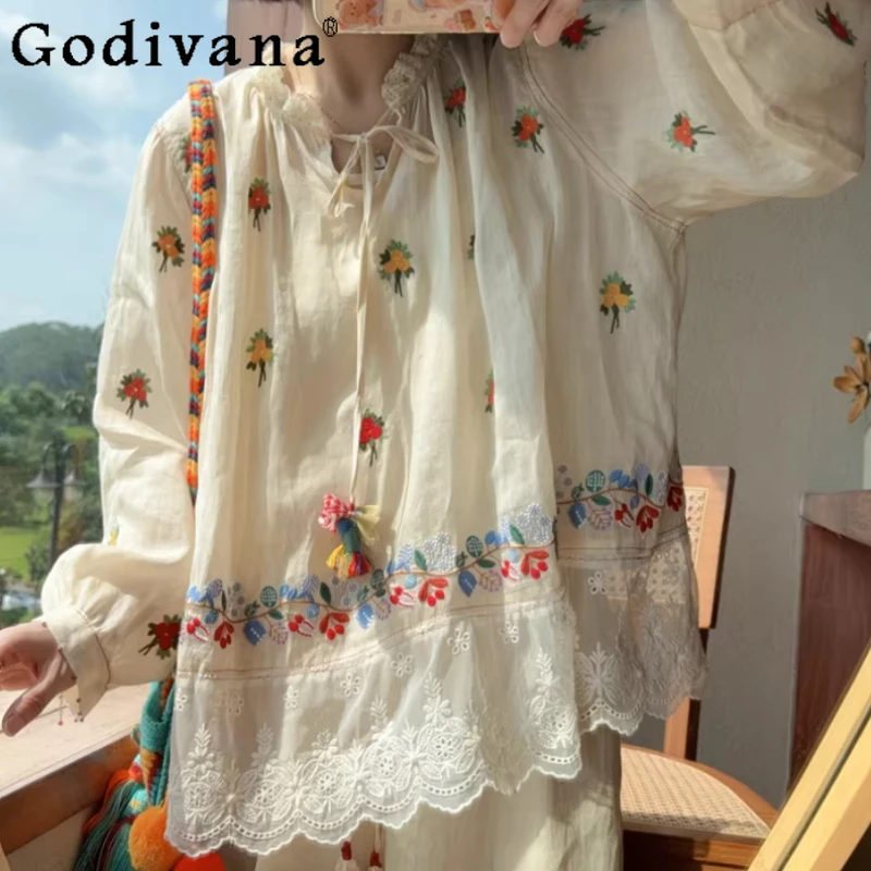 

Spring Summer New Shirt Splicing Lace Sweet Crew Neck Long Sleeve Top Fashion Loose Versatile Age-reducing Vintage Leisure Tops