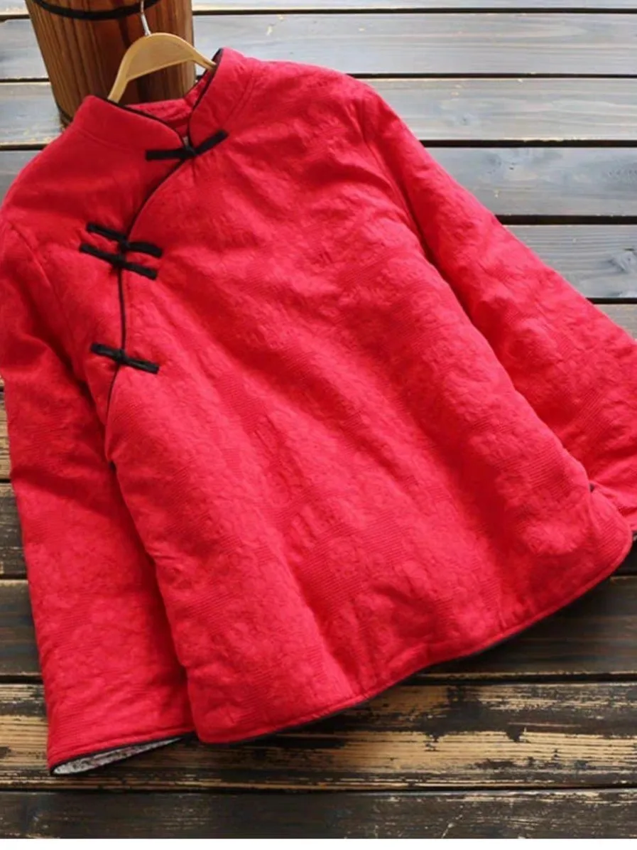 

Chinese Sle Handmade Embroidered Cotton Jaet Women's Stand Collar Button up Winter Thiened Long Sve Coat Artistic