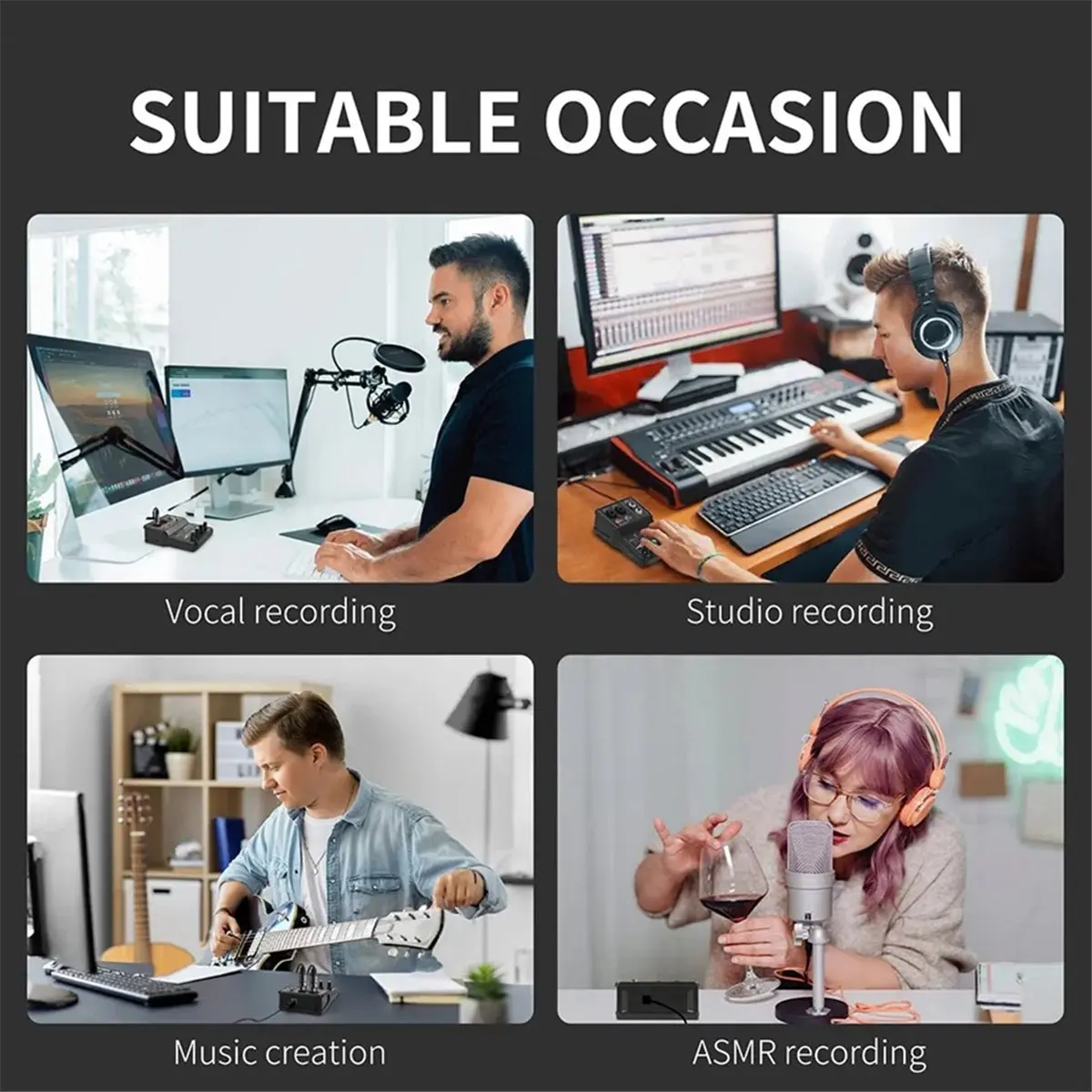Professional Audio Mixer Sound Card with Monitor Electric Guitar Live Broadcast Recording for Studio Singing Computer PC