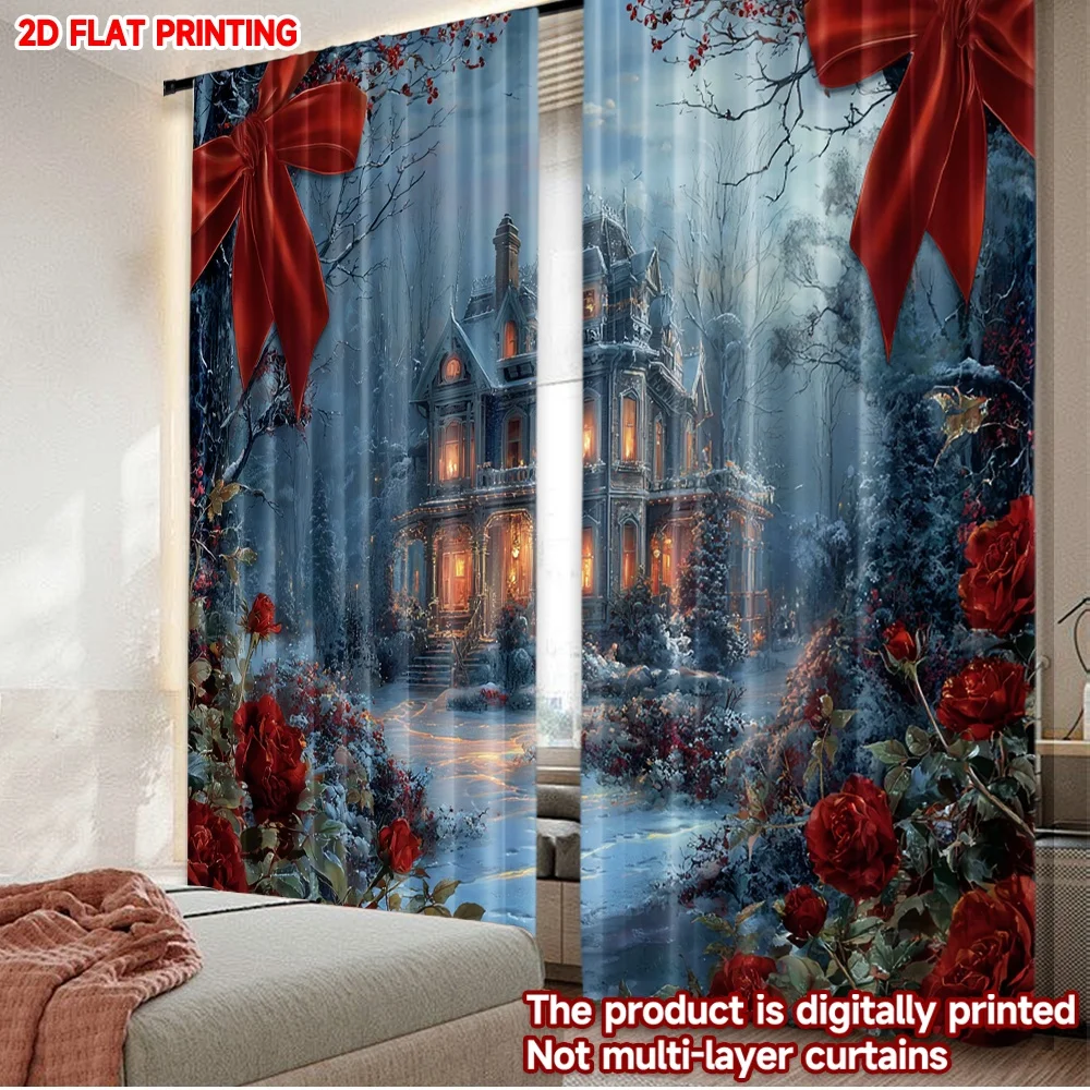 2D الطباعة المسطحة 2PCS عيد الميلاد المشهد الستائر الشتاء ليلة القلعة روز حلم الطباعة الرقمية المطبوعة البوليستر الستائر عيد ميلاد