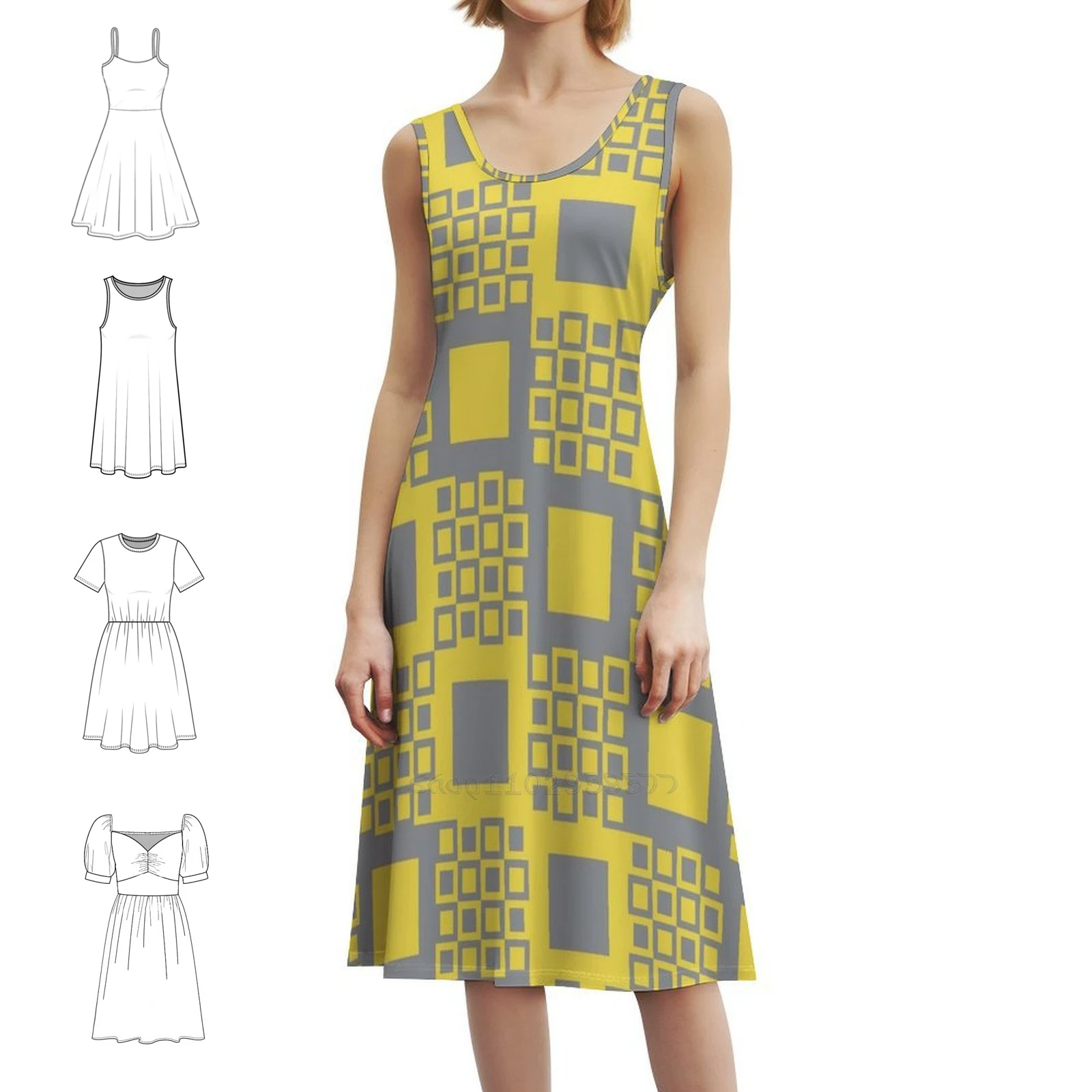 

Геометрические формы в минимальном узоре желтого и богемного платья без рукавов для женщин с принтом, пляжные вечерние платья, минимальные