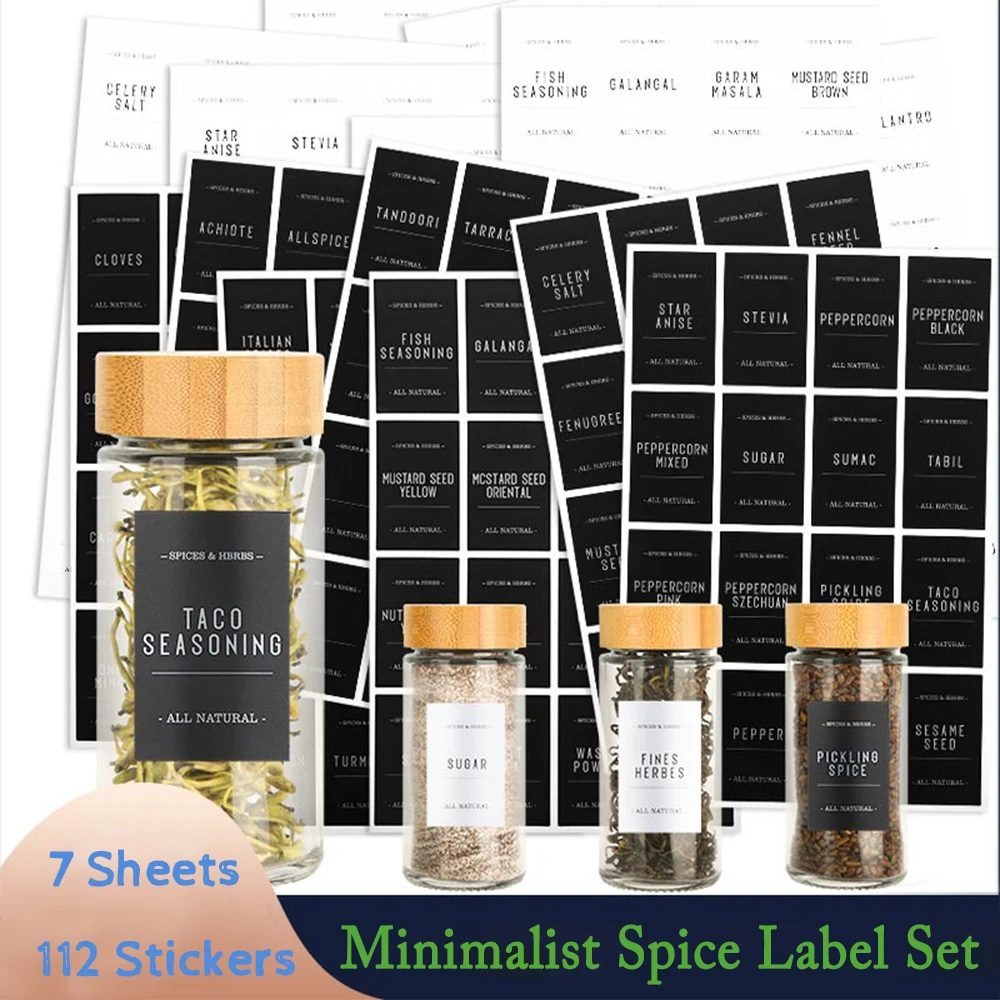 7 Sheets Minimalist Spice Label Set Black Text on Vinyl Waterproof Label Sticker with Removable Adhesive Square Seasonings Label