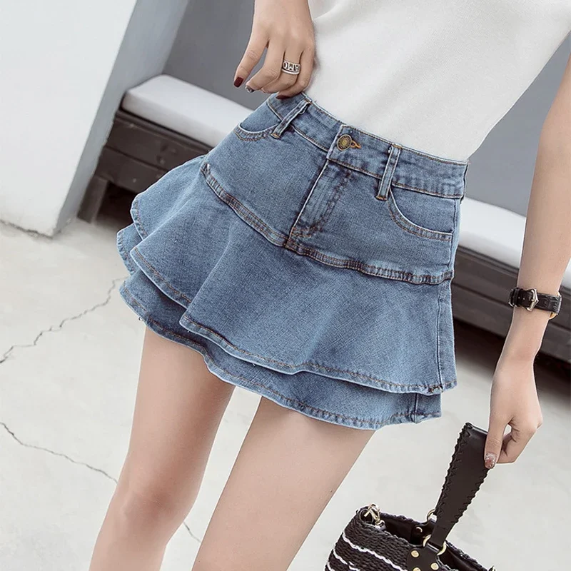 Vintage denim mini skirts women Summer sexy solid Colour ball gown skirts jeans female casual pocket slim A-line mini skirts