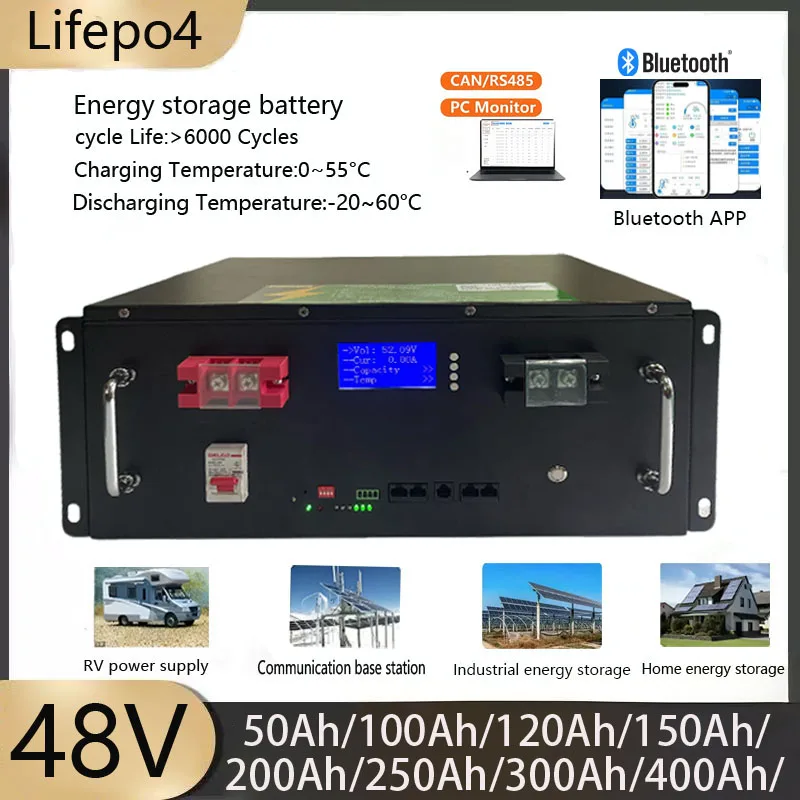 

51.2V 15KWh Solar Battery 48v 200AH LiFePO4 100AH 250AH 300Ah 400Ah RS485/RS232/CAN 6000+Cycle,for PV Home energy storage 100K+
