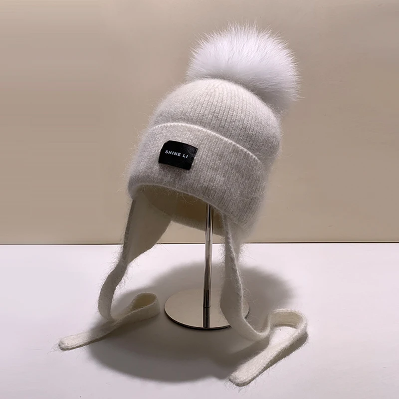 Earflap Beanie Women Girl Autumn Winter Wool Hat Real Fox Fur Pompom Beanies Cap Warm Knitted Hat
