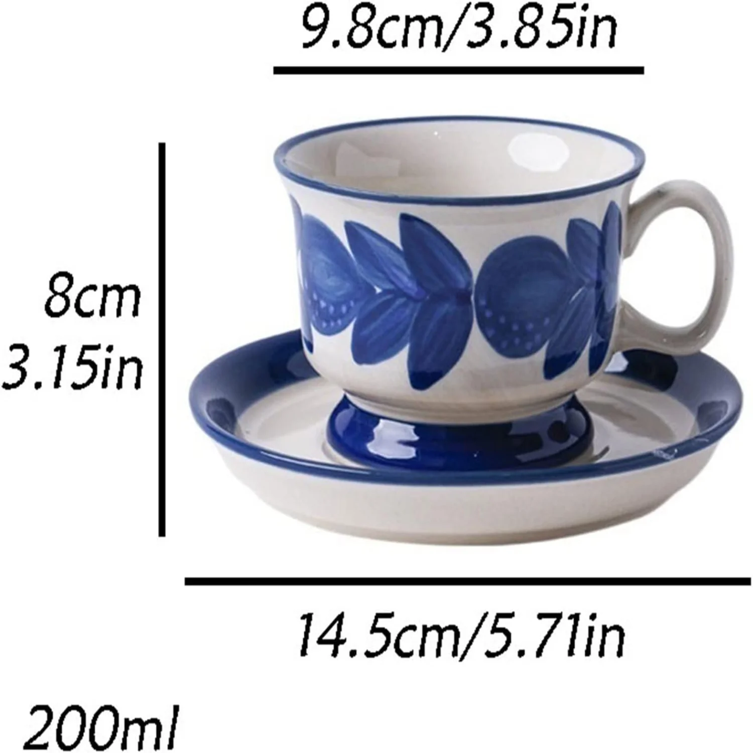 手描きのヴィンテージマグカップセット |   セラミックティーカップ＆ソーサー |   200ML コーヒーマグ |   カラー：ビッグブルーマグ