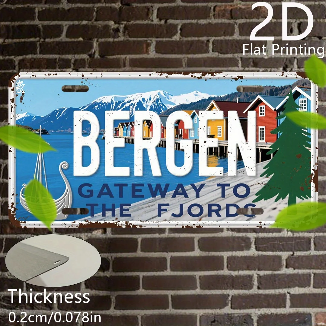 2D Flat, [] 2D Flat Print, 1pc Vintage Aluminum Plaque, Decorative Plaque and Ornament (15.24cm x 30.48cm), Bergen Fjord Gateway