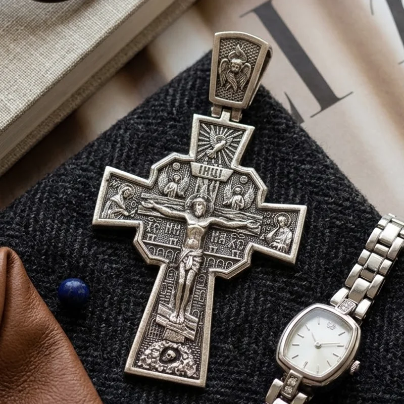 Buy 5 Get 1 Free 14g Saints encircle the Crucifixion like stars guarding the cosmic center Silver plated Pendant