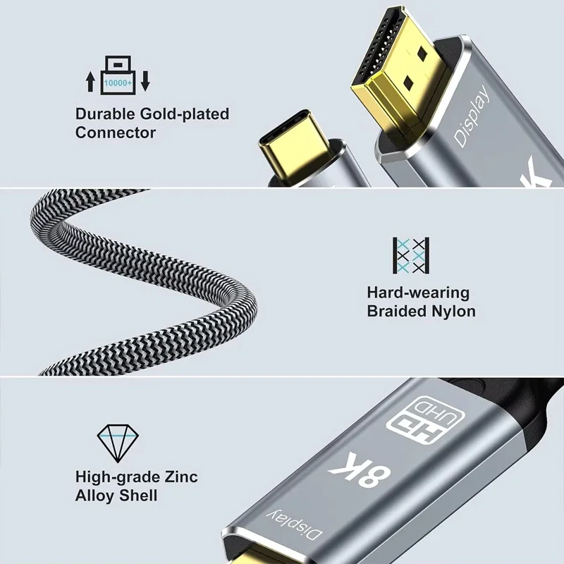 VIKEFON USB C to HDMI Cable 8K 4K Type C to HDMI 2.1 Thunderbolt 3 4 to 8K60Hz 4K120Hz for iphone 15 MacBook Huawei Mate30