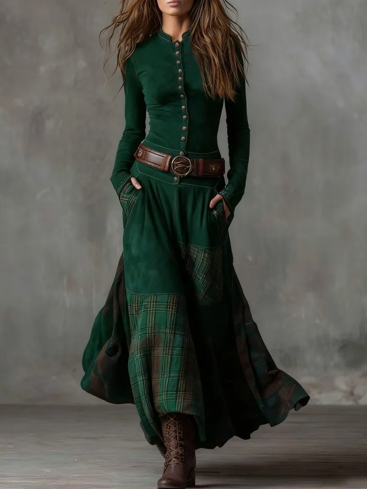 Gaun Maxi Panjang Kancing Motif Kotak-kotak Suede Elegan Wanita Seksi Model A-Line Vintage Lengan Panjang Musim Semi Gugur Dilengkapi Ikat Pinggang