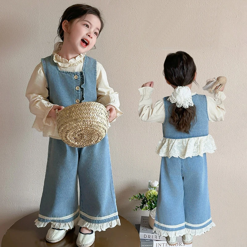 Baby Girl Clothes Fashion Lace Three-pieces Sets For Children Korean Style Spring And Autumn New Long Denim Suits Girls Outfits