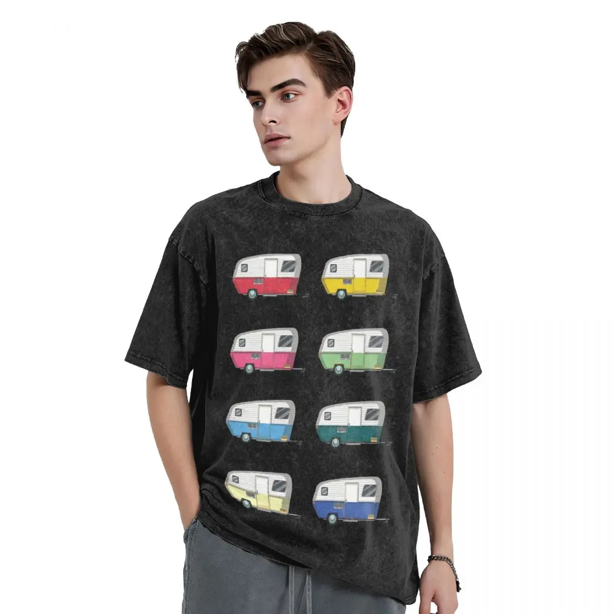Colourful Vintage Eriba Puck Caravan Daisy Washed T Shirts Casual Short Sleeve Hip Hop T-Shirt Streetwear Tops Tees