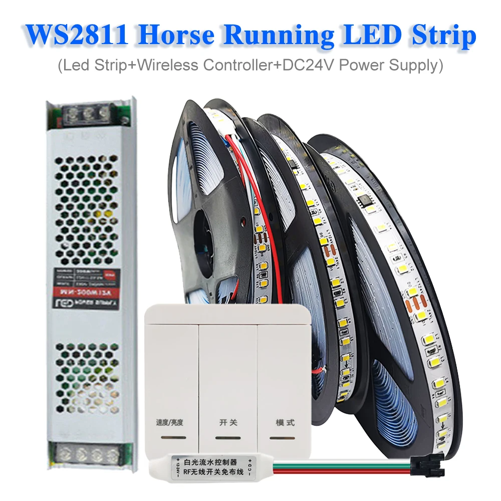 DC24V WS2811 2835 SMD Horse Race Led Strip Running Water Light Wireless Controller Power Supply 120Leds/M White Nature Warm 10M