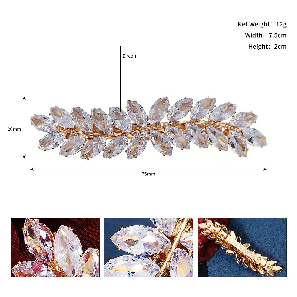 Fashion Barrette Cubic Zirconia Leaf Hair Clips for Women Accessories Bridal Wedding Hair Jewelry Party Bride Headpiece