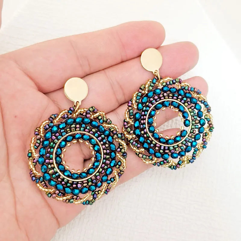 Beaded earrings Circle Spiral Originality Crystal Hand knitting Bohemia Alloy Fashion Simple Rice bead earrings