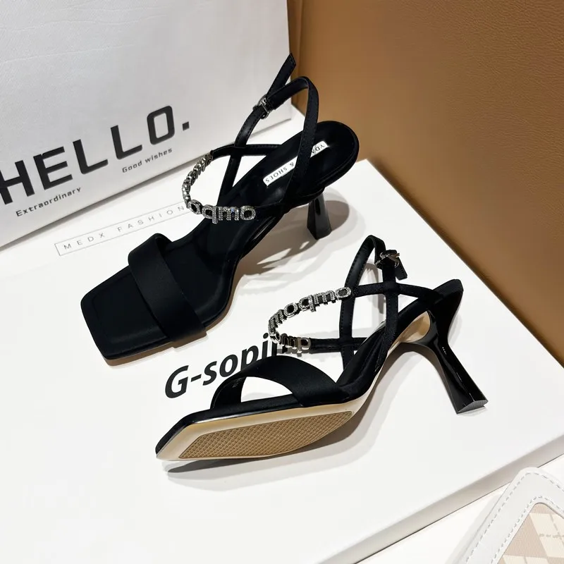 Square Toe Thin Heeled Sandals Women Summer 2024 Fashion Rhinestone Letter Design Pumps Women Cross Strap Black High Heels