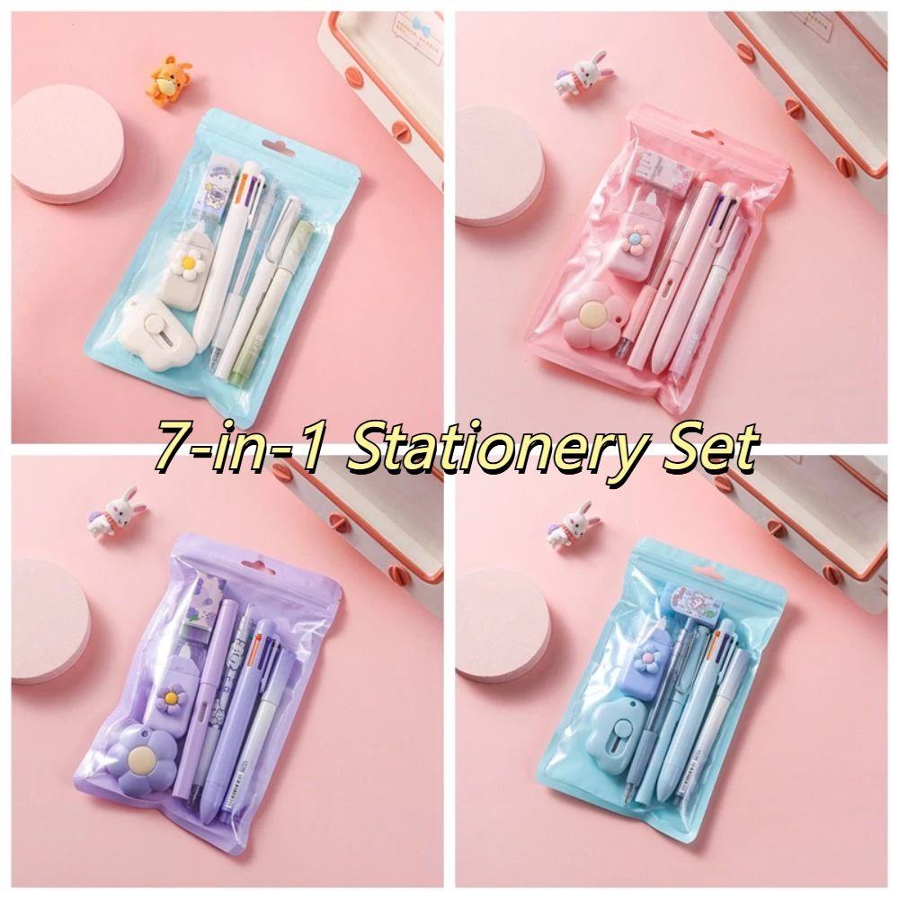 

Korean 7-in-1 Stationery Set Multifunction Useful 7pcs/set Stationery Set Ballpoint Pen Correction Tape Student Tools Set