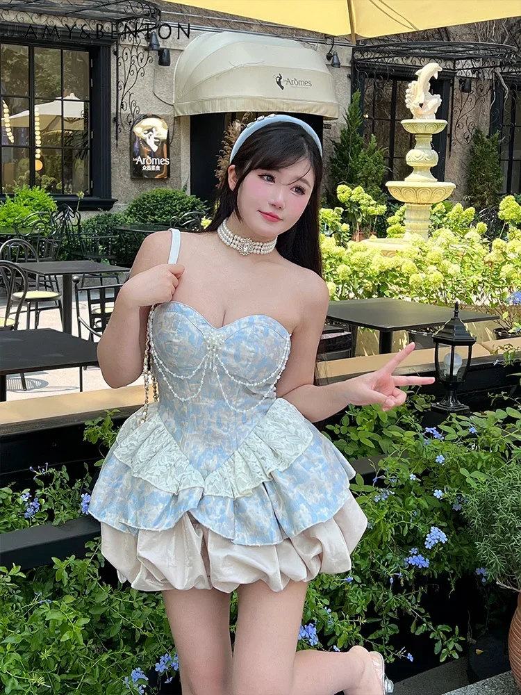 2025Sweet Elegance Retro Jacquard Strapless Dress for Women Lolita Dresses Cute Pearl Pendant Slim Fit Patchwork Sexy Mini Dress