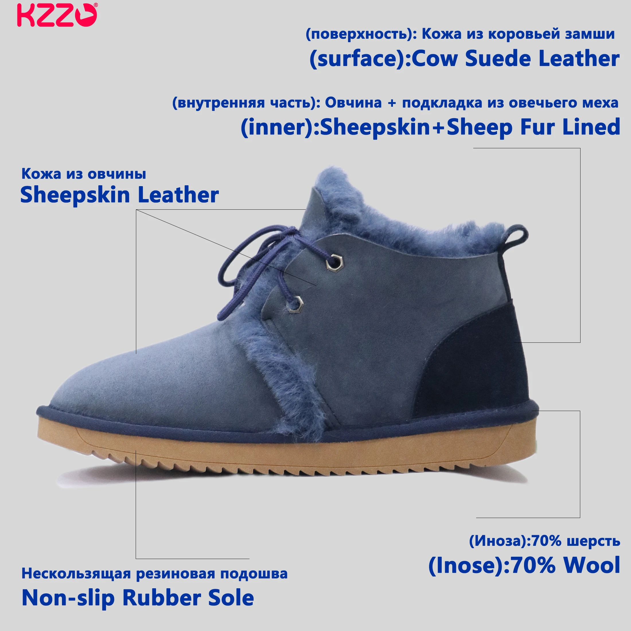KZZO Women's 100% Sheepskin Leather Lace Up Boots, Australian Natural Fur Lined Winter Ankle Boots Warm Flat Non-Slip Sole