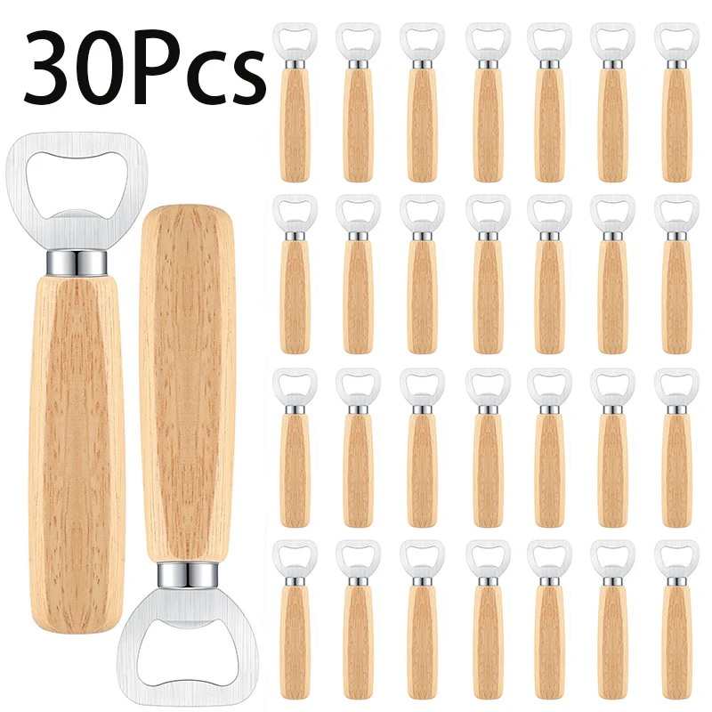 

30Pcs Stainless Steel Beer Bottle Opener with Wooden Handle Wedding Gifts for Guests Kitchen Bar Tools