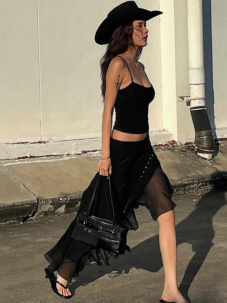 Weird Puss Sexy Vacation 2 Piece Set Women Elegant Sleeveless Camisole+Rivet Mesh Patchwork Irregular Hem Skirt Party Streetwear