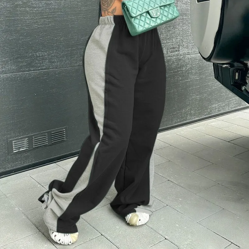 Y2k Patchwork Fleece Sports Trousers Women Casual High Waisted Wide Leg Pants Hipster Winter Streetwear 2024 Harajuku