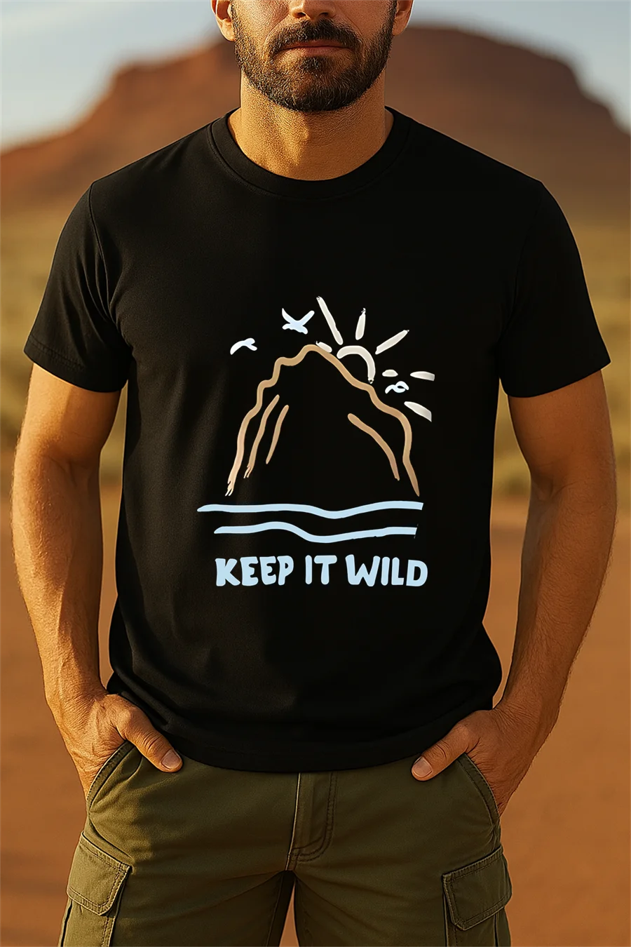 Summer men's new casual and fashionable round neck T-shirt with sunrise print short sleeved shirt