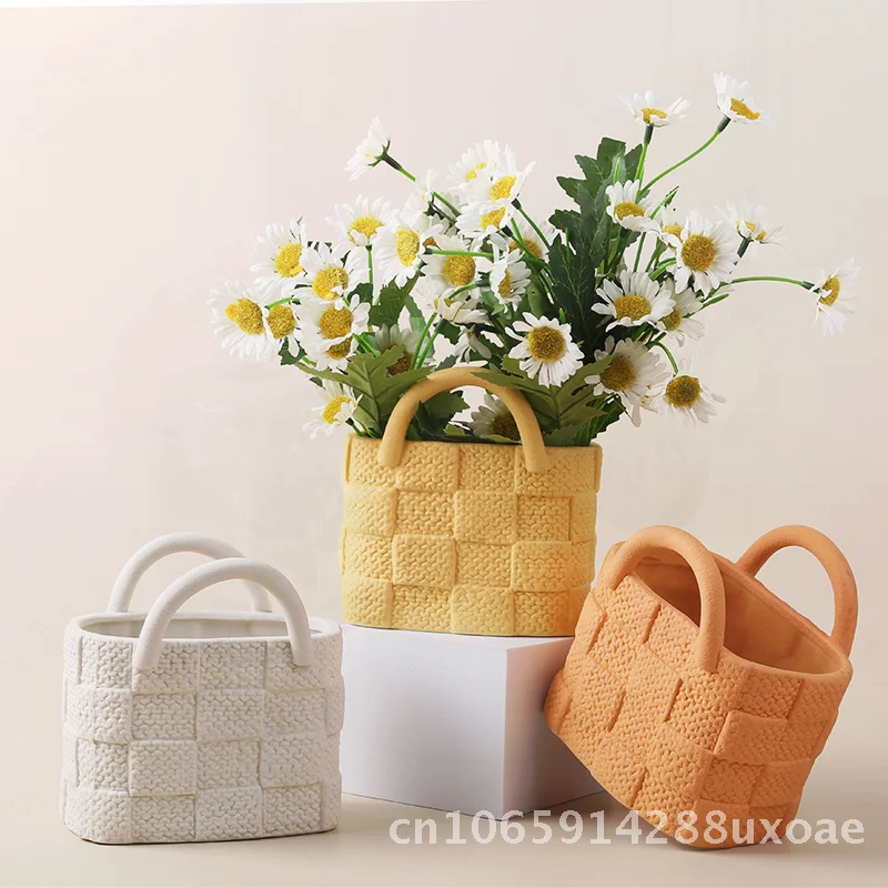 Morandi Style Ceramic Handbag Vase Creative Hydroponic Simple Flower Girl Fresh Decorative Ornaments Set