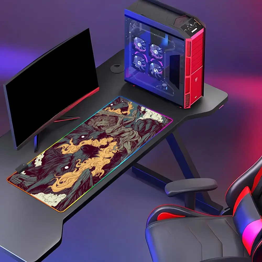 Lion, man, and wolf anime art patterns Mouse Pad Animation Games Beautiful RGB HD Gamer Large LED Light Computer Non-slip Decor