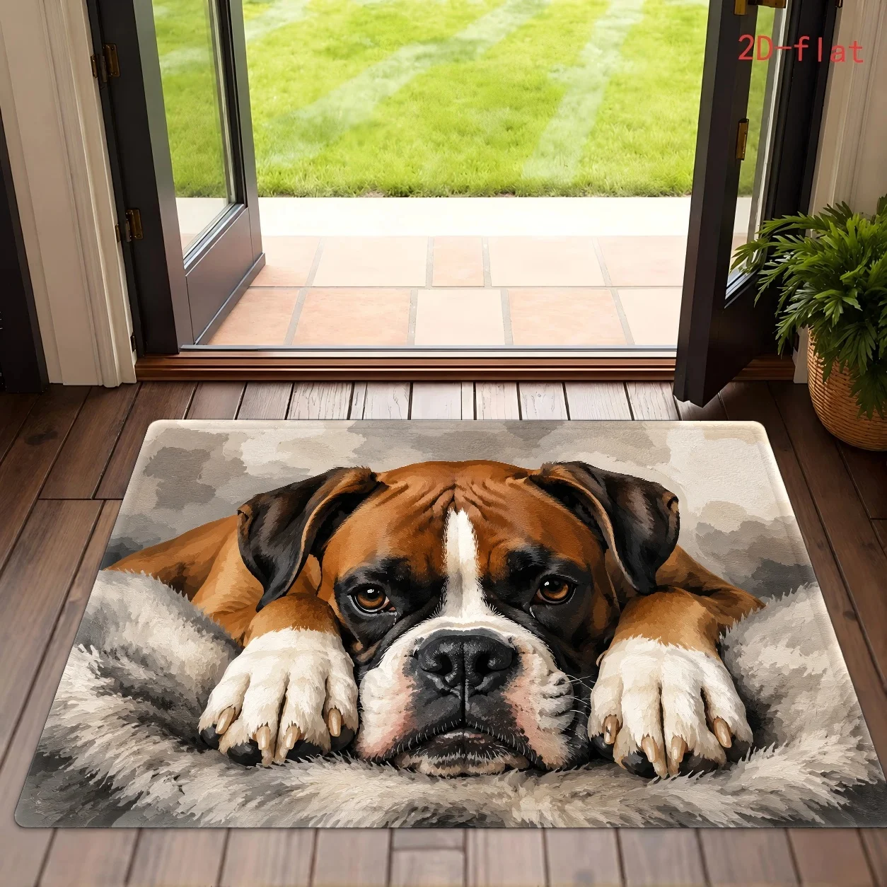 Front Door Mat Realistic Boxer Dog Portrait Printed Carpet Cute Puppy Big Paws Propping Face for Entrance Hallway Room