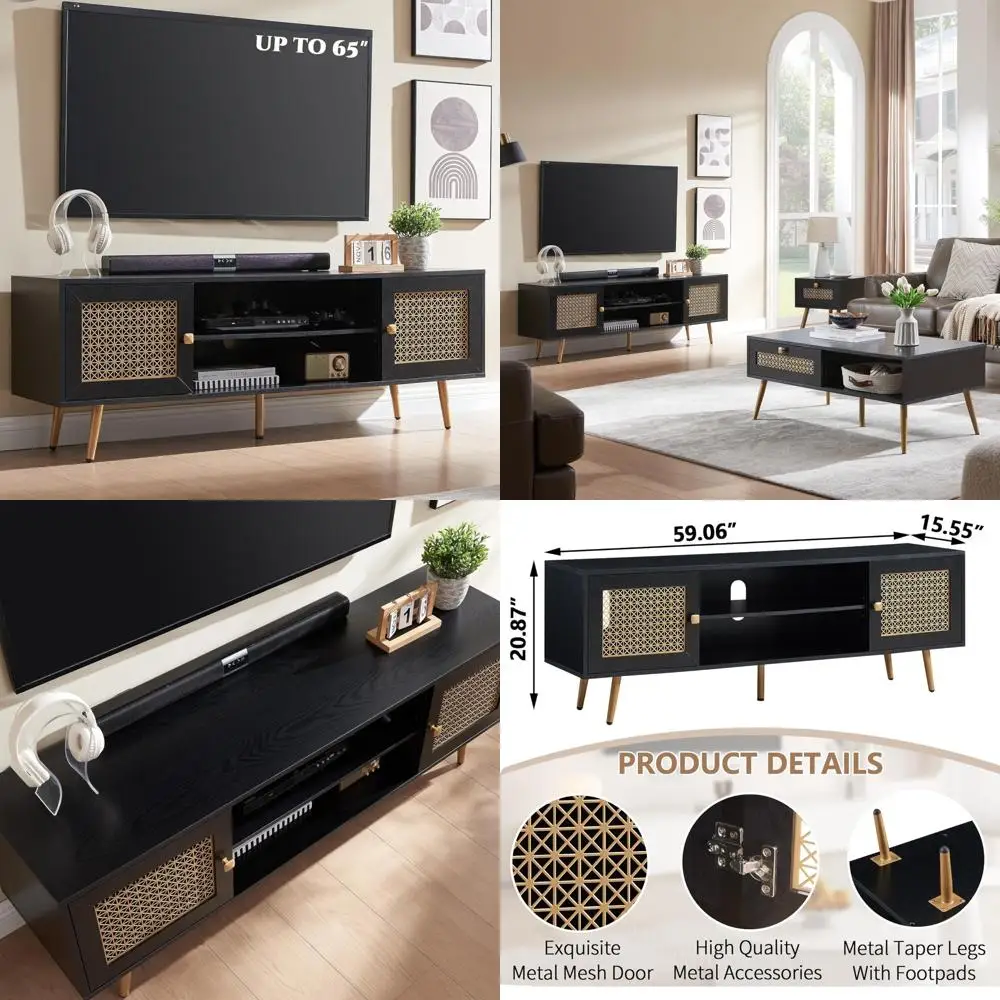 Mid-Century Modern 65 TV Stand, Entertainment Center with Storage, Metal Mesh Cabinet Doors for Living Room