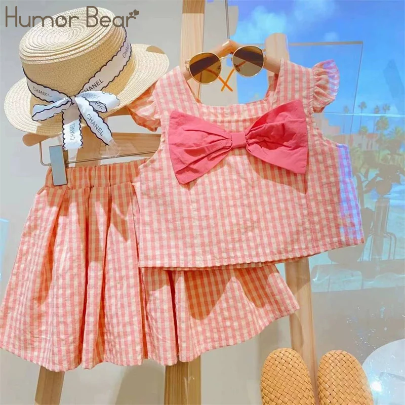 Humor Bear Girls' Summer New Korean Checker Bow Fashion Network Red Trend Two Piece Set Vestidos Casual Outfit 2-6Y