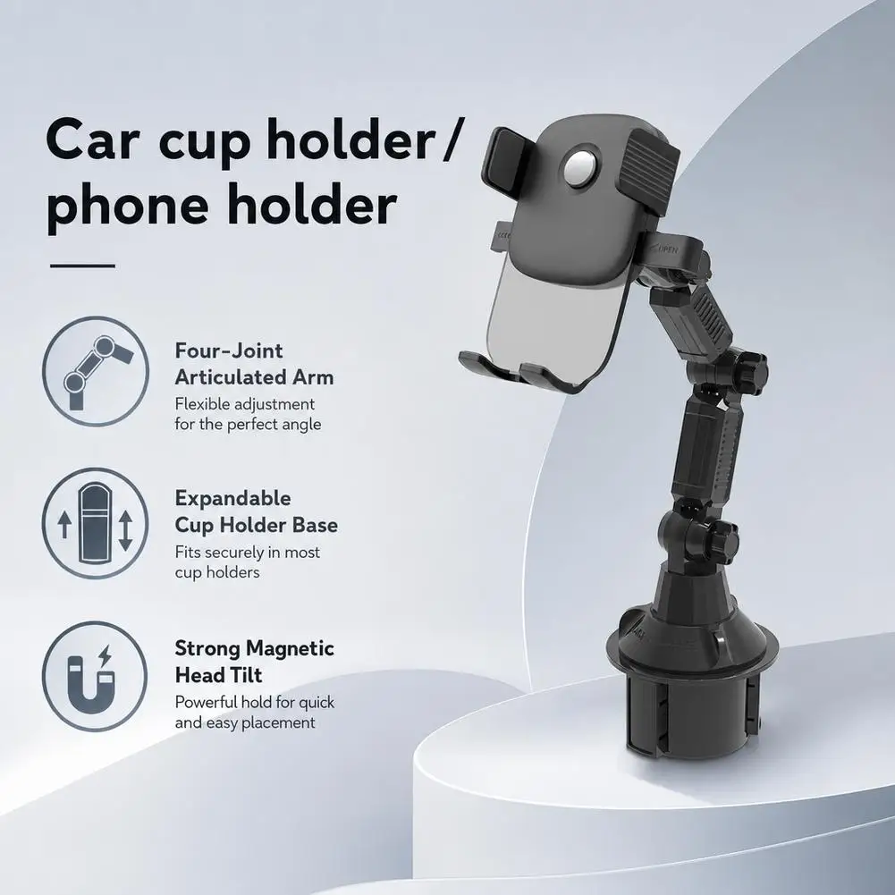 Magnetic Car Cup Holder Phone Mount, Long Arm Cell Phone Holder For Car, 360 Rotatable Mechanical Foldable Phone Bracket