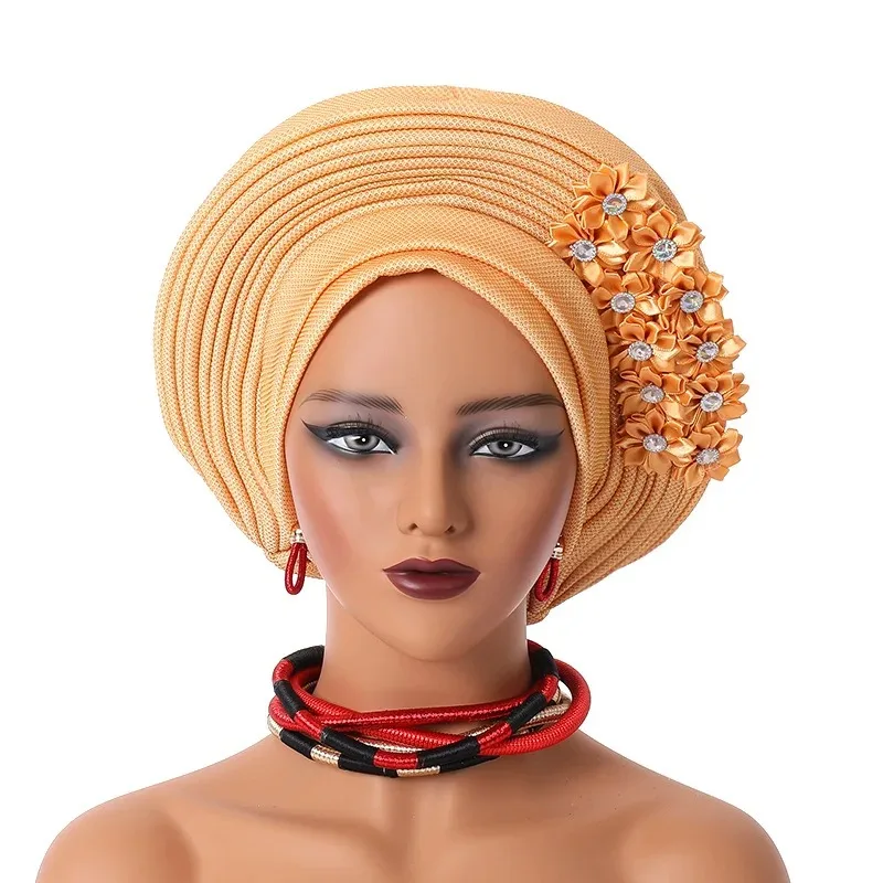 

2024 New African Headtie Turban Nigeria Head Ties with Flowers Already Made Auto Gele Women Head Wraps for Wedding Party Cap Hat