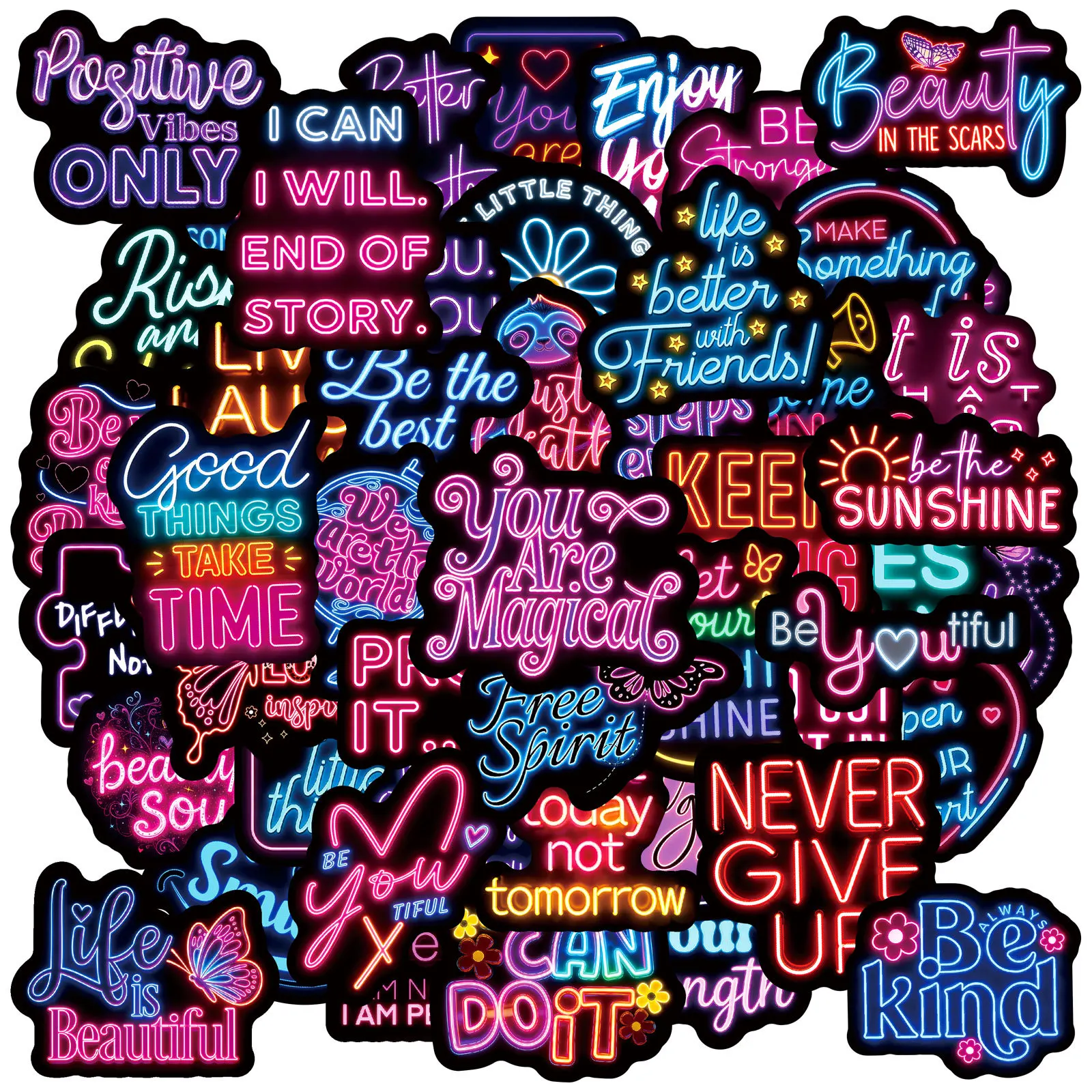 

50PCS Neon Style Inspirational Sentence Stickers Cartoon Decorative Laptop iPad Headphone Luggage Waterproof Sticker Kids Toy